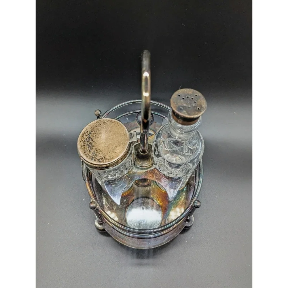 Antique Silver Plated Cut Glass Cruet Set 2 Bottles Footed Stand Etched 9753-4